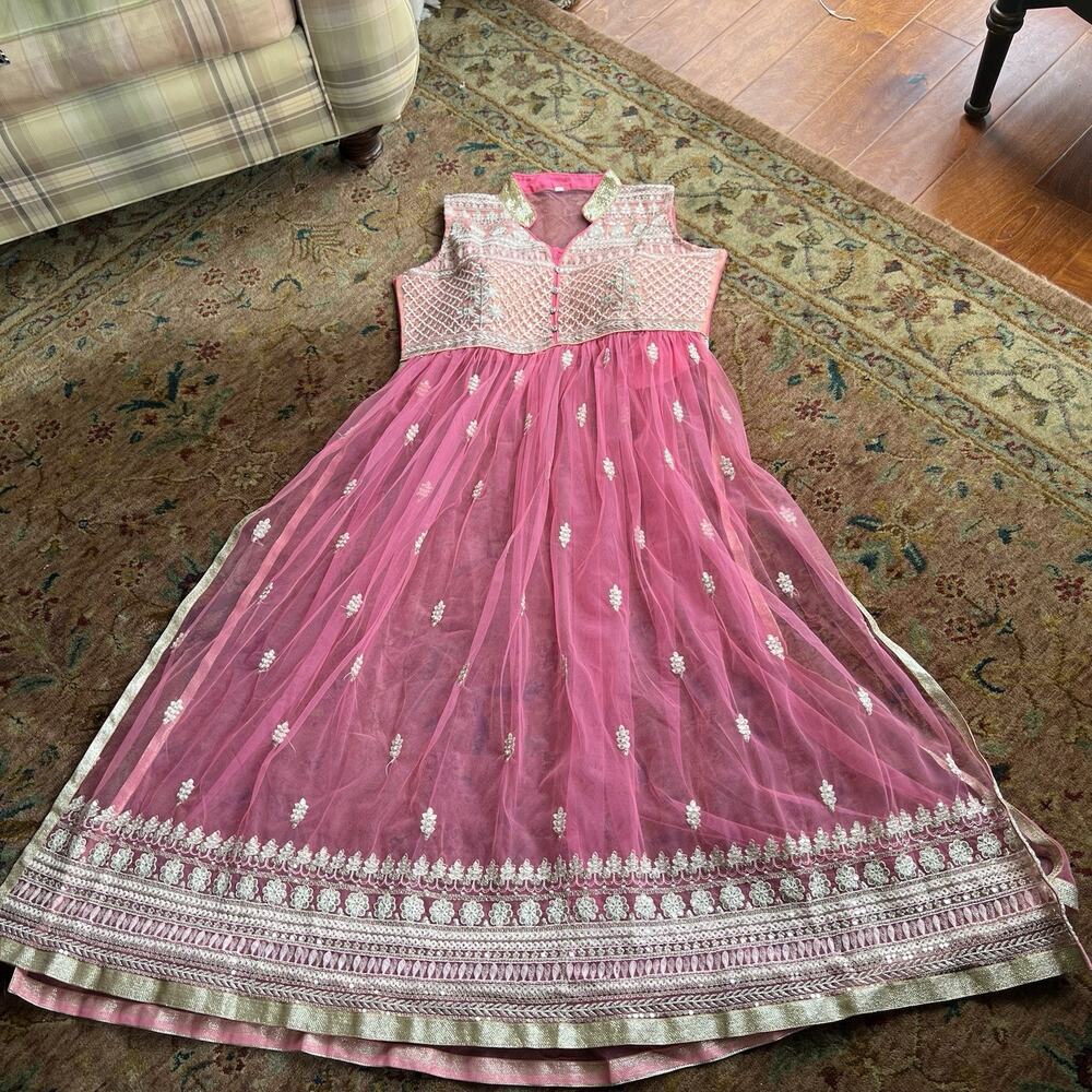 Boutique Embroidered Net Anarkali Gown XL Vibrant Pink/Gold Wedding Guest Dress - Picture 5 of 13